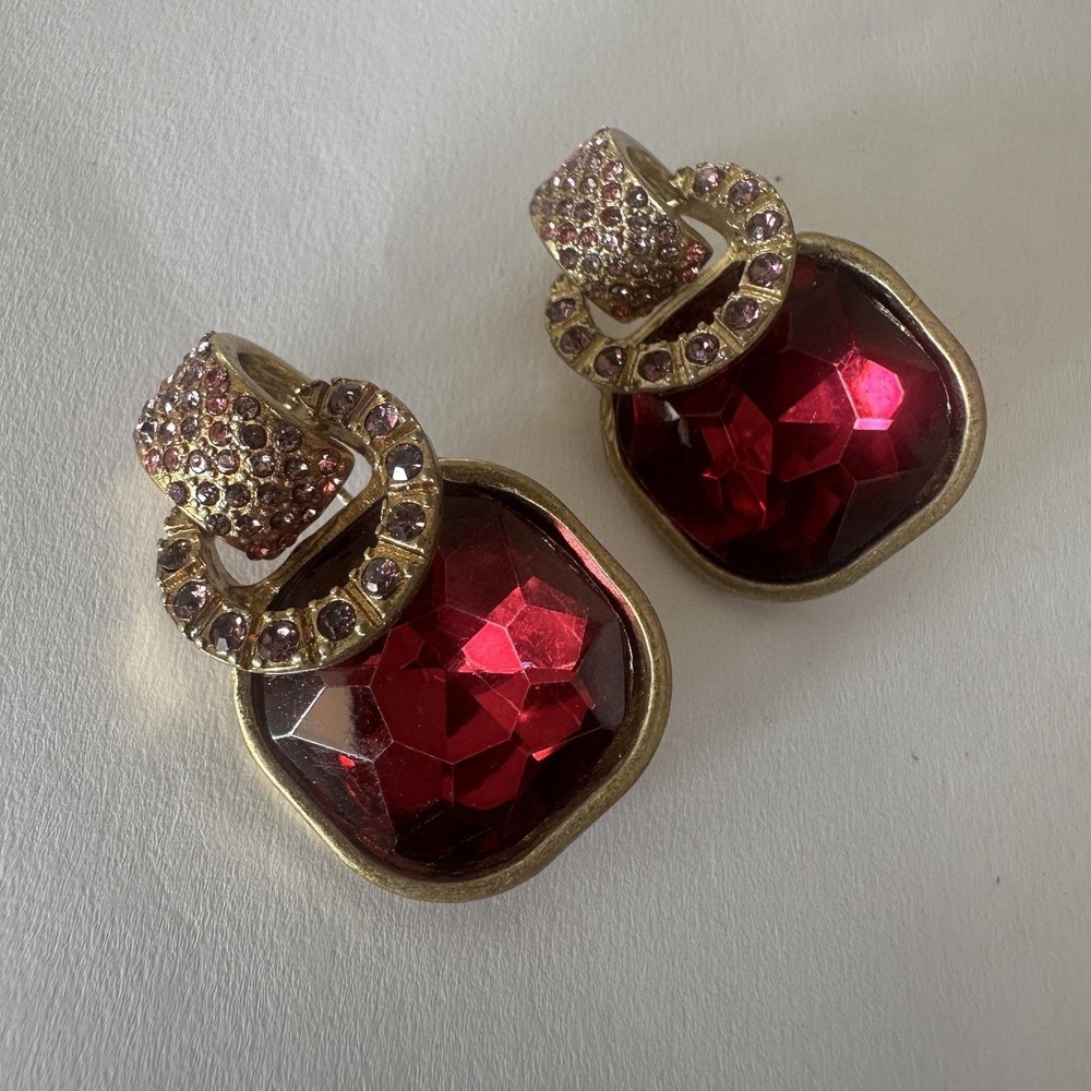Gold Tone Red Pink Glass Square Dangle Earrings Womens Rhinestone Statement Drop